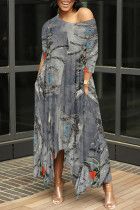 Grey Casual Street Faux Denim Print Pocket Irregular Contrast Oblique Collar Irregular Dresses