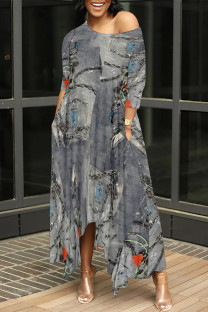 Grey Casual Street Faux Denim Print Pocket Irregular Contrast Oblique Collar Irregular Dresses