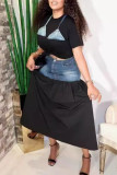 Black Casual Pocket Patchwork O Neck Short Sleeve Two Pieces