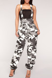 Black Casual Camouflage Print Draw String Pocket Patchwork Spaghetti Strap Jumpsuits
