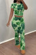 Green Casual Street Ombre Print Contrast O Neck Short Sleeve Two Pieces