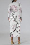 White Purple Elegant Floral Print Contrast O Neck Printed Dresses