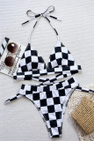 Black And White Sexy Plaid Patchwork Backless Swimwears
