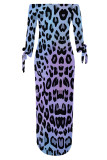 Blue Sexy Leopard Print Lace Up Slit Contrast Off Shoulder Printed Dresses