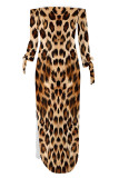 Blue Sexy Leopard Print Lace Up Slit Contrast Off Shoulder Printed Dresses