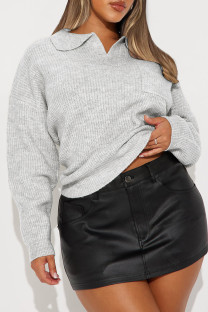 Grey Casual Solid Color Pocket Patchwork Turndown Collar Tops