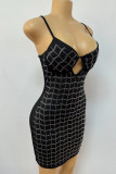 Black Casual Plaid Patchwork Backless Hot Drill Spaghetti Strap Sling Dresses