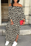 Blue Sexy Leopard Print Lace Up Slit Contrast Off Shoulder Printed Dresses