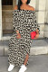 Beige Sexy Leopard Print Lace Up Slit Contrast Off Shoulder Printed Dresses