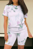 Blue Casual Street Floral Print Stripe Contrast O Neck Short Sleeve Two Pieces