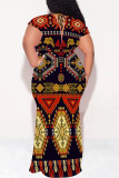 Black Red Casual National Totem Print Lace Up Contrast V Neck Printed Plus Size Dresses