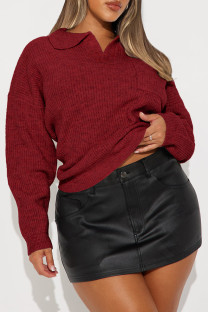 Red Casual Solid Color Pocket Patchwork Turndown Collar Tops