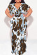 Sky Blue Sexy Geometric Print Gradient Lace Up Contrast V Neck Printed Plus Size Dresses
