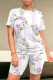 White Purple Casual Street Floral Print Stripe Contrast O Neck Short Sleeve Two Pieces