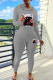 Grey Casual Print Draw String Patchwork Hooded Long Sleeve Two Pieces
