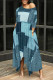 Blue Black Casual Street Faux Denim Print Pocket Irregular Contrast Oblique Collar Irregular Dresses
