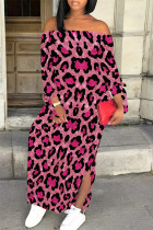 Rose Red Sexy Leopard Print Lace Up Slit Contrast Off Shoulder Printed Dresses