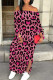 Rose Red Sexy Leopard Print Lace Up Slit Contrast Off Shoulder Printed Dresses