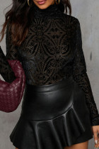 Black Casual Print Patchwork Turtleneck Tops