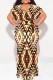 Apricot Casual National Totem Print Lace Up Contrast V Neck Printed Plus Size Dresses