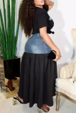 Black Casual Pocket Patchwork O Neck Short Sleeve Two Pieces