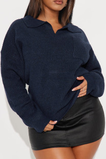 Deep Blue Casual Solid Color Pocket Patchwork Turndown Collar Tops