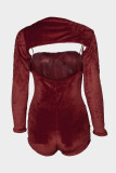 Brown Casual Solid Color Patchwork Asymmetrical Collar Skinny Rompers