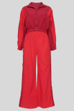Red Casual Patchwork Zipper Contrast Zipper Collar Long Sleeve Two Pieces