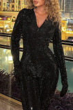 Black Casual Solid Color Sequins Patchwork Zipper Zipper Collar Skinny Jumpsuits