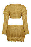Yellow Casual Solid Color Draw String Buckle Patchwork Button Collar Long Sleeve Two Pieces