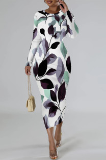 Dark Purple Elegant Floral Print Contrast O Neck Printed Dresses