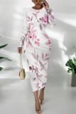 White Purple Elegant Floral Print Contrast O Neck Printed Dresses