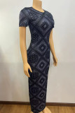 Black Casual Print Patchwork O Neck Long Dresses