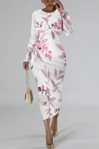 Pink Elegant Floral Print Contrast O Neck Printed Dresses
