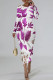 White Purple Elegant Floral Print Contrast O Neck Printed Dresses