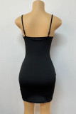 Black Casual Plaid Patchwork Backless Hot Drill Spaghetti Strap Sling Dresses