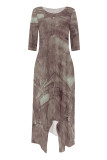 Pink Casual Street Faux Denim Print Pocket Irregular Contrast Oblique Collar Irregular Dresses