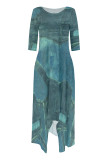 Pink Casual Street Faux Denim Print Pocket Irregular Contrast Oblique Collar Irregular Dresses