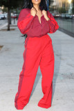 Red Casual Patchwork Zipper Contrast Zipper Collar Long Sleeve Two Pieces