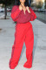 Red Casual Patchwork Zipper Contrast Zipper Collar Long Sleeve Two Pieces