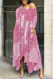 Pink Casual Street Faux Denim Print Pocket Irregular Contrast Oblique Collar Irregular Dresses