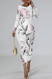 White Pink Elegant Floral Print Contrast O Neck Printed Dresses