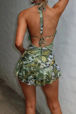 Green Sexy Print Patchwork Backless Strap Design Halter Wrapped Skirt Dresses