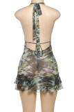 Green Sexy Print Patchwork Backless Strap Design Halter Wrapped Skirt Dresses
