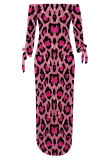 Blue Sexy Leopard Print Lace Up Slit Contrast Off Shoulder Printed Dresses