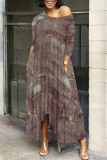 Pink Casual Street Faux Denim Print Pocket Irregular Contrast Oblique Collar Irregular Dresses