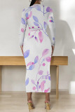 White Purple Elegant Floral Print Contrast O Neck Printed Dresses