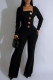 Black Casual Solid Color Buttons Patchwork Square Neck Regular Jumpsuits