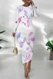 White Purple Elegant Floral Print Contrast O Neck Printed Dresses