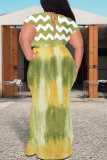 Khaki Sexy Geometric Print Gradient Lace Up Contrast V Neck Printed Plus Size Dresses